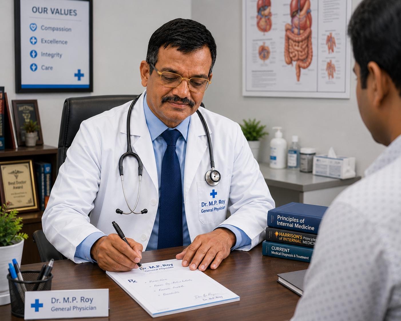 Dr. Roy writing a prescription